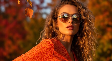 Portrait of woman with sunglasses in autumn foliage light