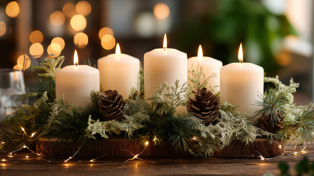 Cozy warm winter candles with pine and sparkle background