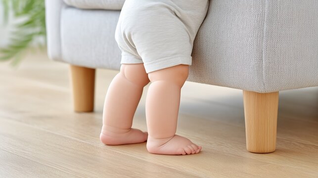 A baby's chubby legs and bare feet learning to stand by a sofa. Infant's first steps and developmental milestone at home. Close-up on a wooden floor