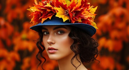 Portrait of a woman with autumn leaves on her blue hat