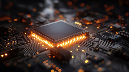 Electronic motherboard CPU with glowing core concept