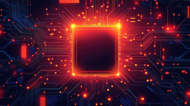 Glowing microchip processing data on a circuit board