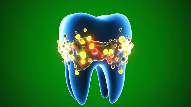 Dental Health Visualization Scientific Depiction of Tooth Decay with Bacteria and Inflammation Isolated on Chroma Key Green Background for VFX Compositing