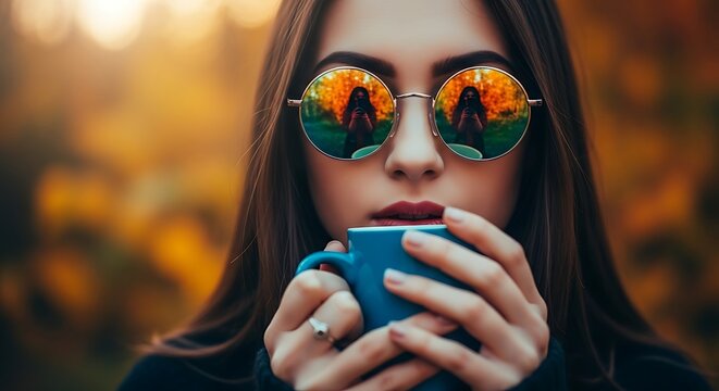 Woman wearing sunglasses holding a mug in an outdoor setting