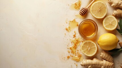 Lemon, Honey and Ginger on a table, top view. Healthy food concept