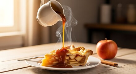 Warm caramel sauce being poured over a steaming slice of fresh apple pie on a rustic wooden table.