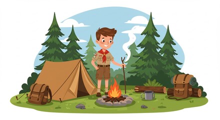 Naklejka premium Cheerful young camper enjoys a warm campfire beside a tent and tall green trees in a charming outdoor adventure illustration. AI Generated