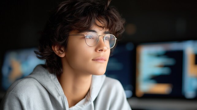A focused young programmer with glasses coding in a dark office. Software developer concentrating on a computer screen at night. Technology and innovation concept