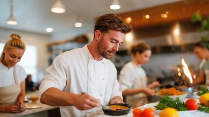 A professional male chef prepares a gourmet dish in a busy restaurant kitchen. Culinary team working together during service