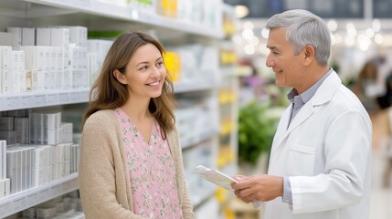Friendly senior pharmacist giving advice to a female customer in a drugstore. Healthcare professional explaining a product to a smiling woman in a pharmacy aisle