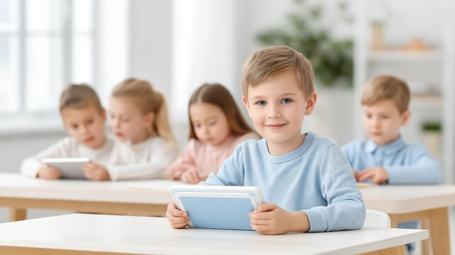 Happy student boy using a digital tablet in a modern classroom. Portrait of a child learning with technology. E-learning and primary school education concept