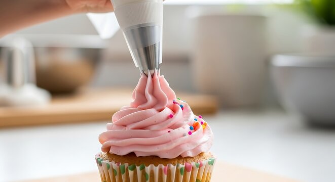 A baker's hand carefully pipes a beautiful swirl of pink buttercream frosting onto a cupcake.