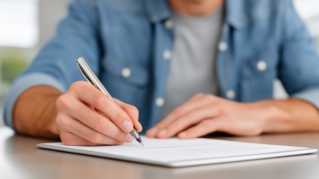 Close-up of a man's hand writing on a document with a pen. Person signing a contract, filling out an application form, or taking an exam - Powered by Adobe