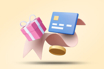 3D vector illustration render of gift box and credit card floating on ribbon roll. Online shopping concept, special promotion, secure payment, gift giving.