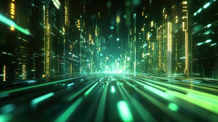 Digital city street with fast moving data stream
