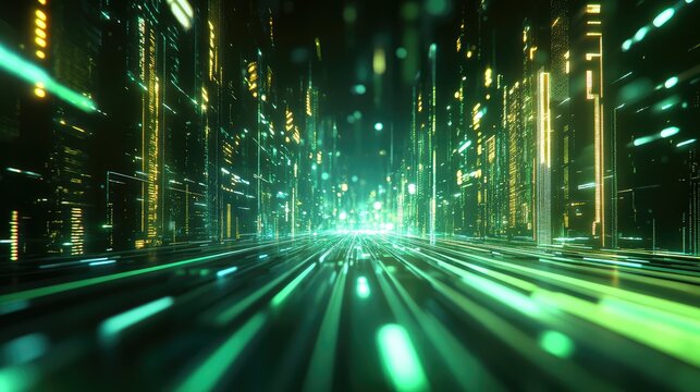 Digital city street with fast moving data stream