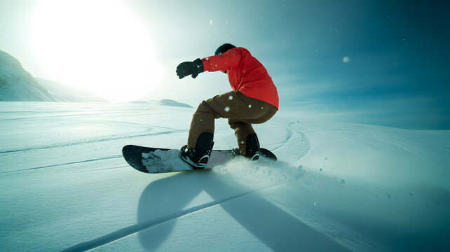 Snowboarder rides down a snowy mountain slope