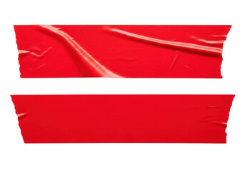 Naklejka premium Two strips of red duct tape, adhesive tape, masking tape, sticky tape, realistic tape texture, repair tape, painter tape, red tape isolated on transparent background