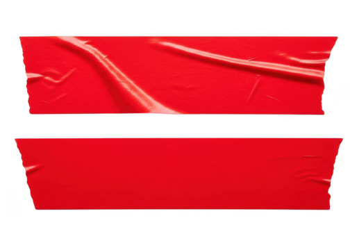 Two strips of red duct tape, adhesive tape, masking tape, sticky tape, realistic tape texture, repair tape, painter tape, red tape isolated on transparent background