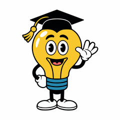Vector cartoon lightbulb character wearing a graduation cap and waving its hand cheerfully at the viewer