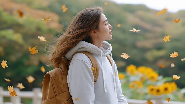 A young woman enjoys the autumn season with falling yellow maple leaves. Female student with a backpack traveling in a park on a windy day - Powered by Adobe
