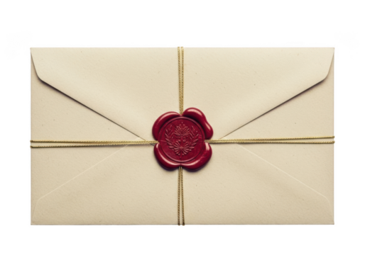 Vintage envelope with red wax seal, tied with twine, correspondence, invitation, letter, stationery, message, mail isolated on transparent background