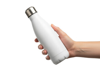 White stainless steel water bottle held in hand, reusable container for drinks, hydration, and fitness isolated on transparent background