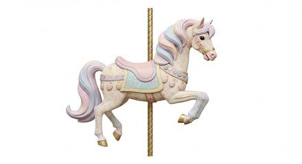 This whimsical carousel horse features pastel colors and a golden pole with a fairytale aesthetic.. AI Generated