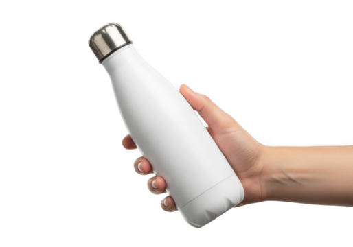 White stainless steel water bottle held in hand, reusable container for drinks, hydration, and fitness isolated on transparent background