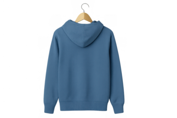 Blue hoodie back view on a hanger, presenting casual apparel for clothing brand mockup and design