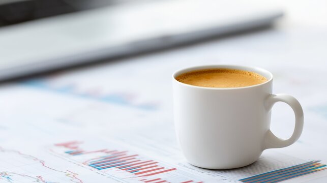 International Economic Policy , A coffee cup on a desk with financial graphs in the background. - Powered by Adobe