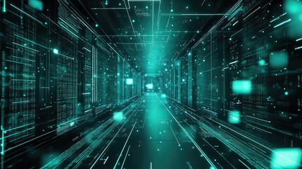 Digital data flowing through futuristic server tunnel network