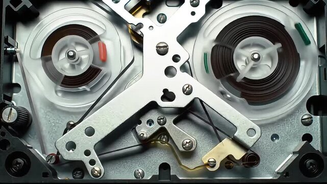 vhs tape deck playing rewinding brown magnetic tape revealing retro tech  analog nostalgia ideal for 80s tech blogs or vintage media projects.