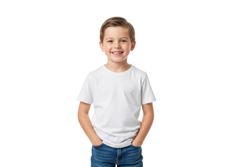 Fototapeta premium Smiling boy in white t shirt and jeans isolated on transparent background
