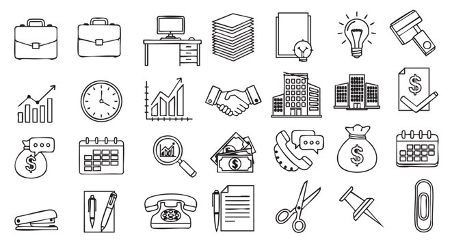Doodle office items and business elements hand drawn illustration design