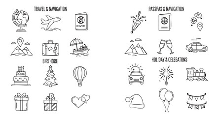Fototapeta premium Doodle Icon Set for Travel Navigation Birthdays Christmas and Celebrations