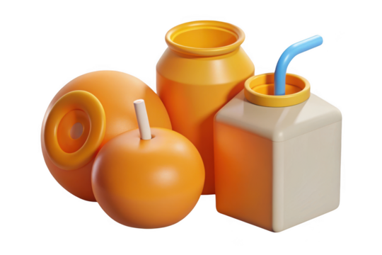 3d rendered orange fruit still life with apple, juice box and jar illustration, food and drink concept, isolated on transparent background