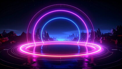 A vibrant, neon-lit portal sits on a futuristic stage. Jagged mountains and a starry night backdrop enhance the surreal scene