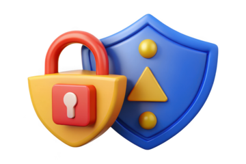 3d rendered security shield and padlock illustration for data protection, cyber security, and privacy concepts isolated on transparent background