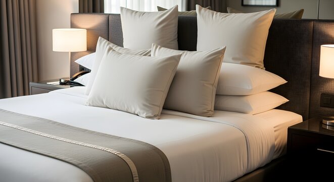 Comfortable bed with many pillows in a luxury hotel room