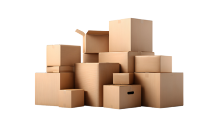 Stack of cardboard boxes isolated on transparent background