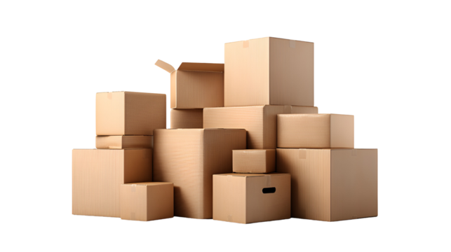 Stack of cardboard boxes isolated on transparent background
