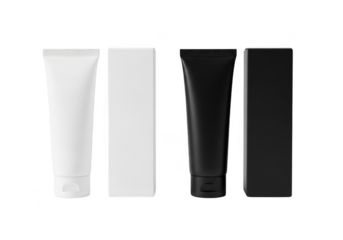 White and black cream tubes with boxes isolated on transparent background