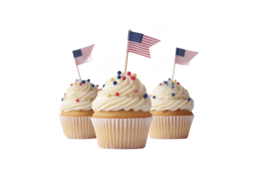 Delicious patriotic cupcakes with american flags and sprinkles for 4th of july celebration, baking dessert, isolated on transparent background