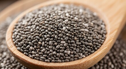 Chia seeds close up on a wooden spoon