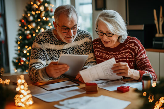 Elderly caucasian couple reviewing holiday finances with christmas tree in background indoor scene