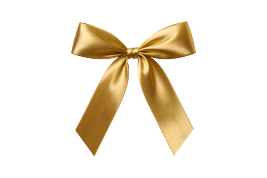 Elegant gold satin ribbon bow isolated on transparent background