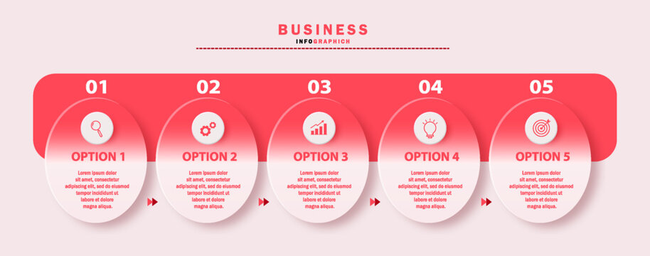 Modern five step business workflow infographic with rounded elements and simple icons, ideal for timeline explanations, process mapping, and corporate presentations.