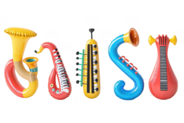 Colorful inflatable musical instruments set, trumpet, saxophone, melodica, clarinet, guitar, png clipart, isolated on transparent background