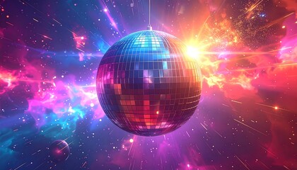 A sparkling disco ball hangs centered in a vibrant cosmic scene, illuminated by bright light, creating a fantastical display